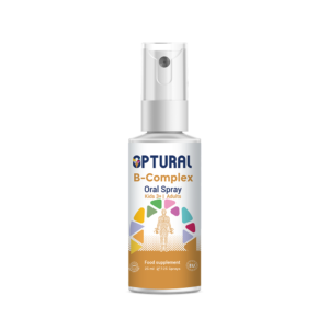 Optural B-complex Oral Spray bottle and box packaging. A food supplement containing B vitamins in a 25ml spray format with natural flavors. Organic and EU certified, providing 125 days of use.