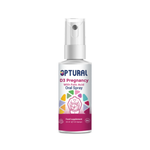 Optural Pregna-plus Oral Spray bottle and box. A prenatal food supplement with Vitamin D3, Folic Acid, and natural apple flavor. Designed for pregnancy support, providing a 125-day supply in a 25ml format.