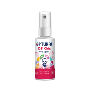 Optural D3 Kids Oral Spray bottle and box. A strawberry-flavored Vitamin D3 food supplement for children, providing a 125-day supply in a 25ml format. Organic and EU certified.