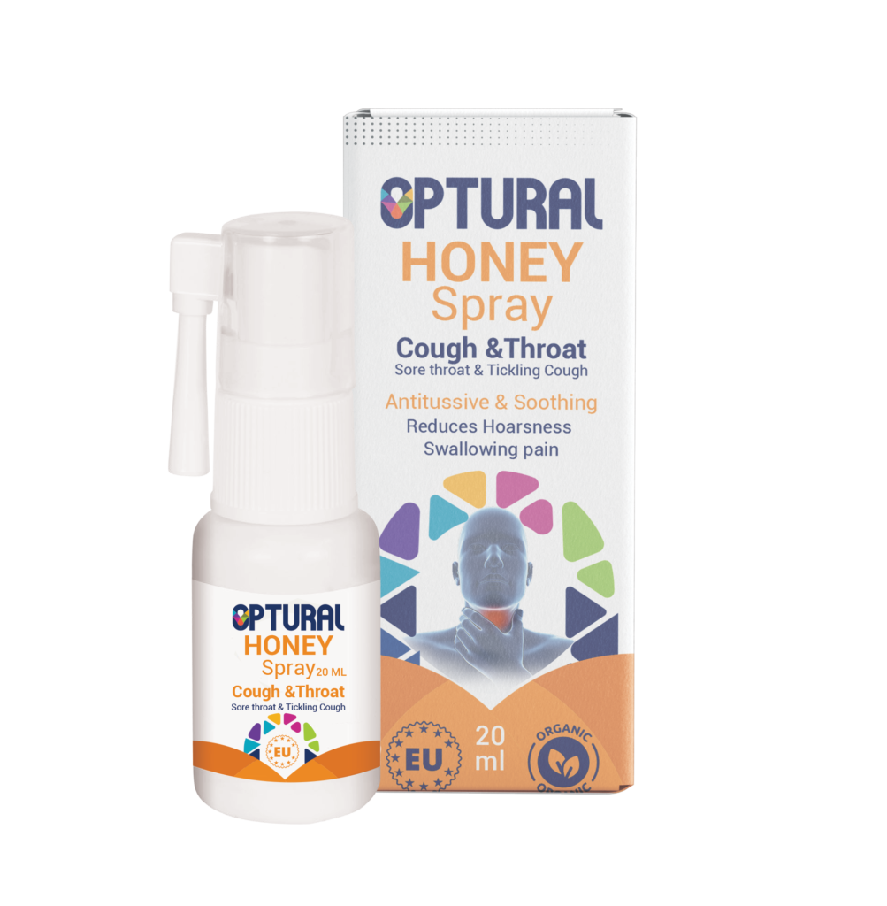 Optural Honey Spray 20ml bottle and box packaging. A cough and throat food supplement featuring antitussive and soothing properties for sore throat, tickling cough, hoarseness, and swallowing pain.