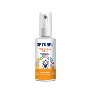 Optural Wellness Junior Oral Spray 25ml bottle and box packaging. A food supplement for children featuring vitamins D3, A, B6, E, B12, and D with natural flavors. Organic and EU certified.