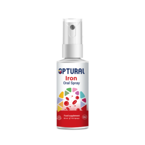 Optural Iron Oral Spray bottle and packaging. A food supplement containing Iron, Folic Acid, Vitamin B12, and Beetroot extract with natural flavors. 25ml bottle providing a 125-day supply.