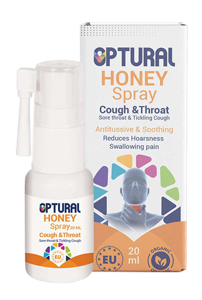 Optural Honey Spray 20ml bottle and box packaging. A cough and throat food supplement featuring antitussive and soothing properties for sore throat, tickling cough, hoarseness, and swallowing pain.